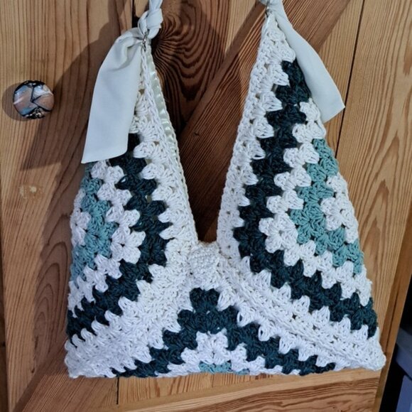Hand Crafted Crochet Granny Square Three Triangle Cotton Bag Purse Tote - Picture 9 of 13
